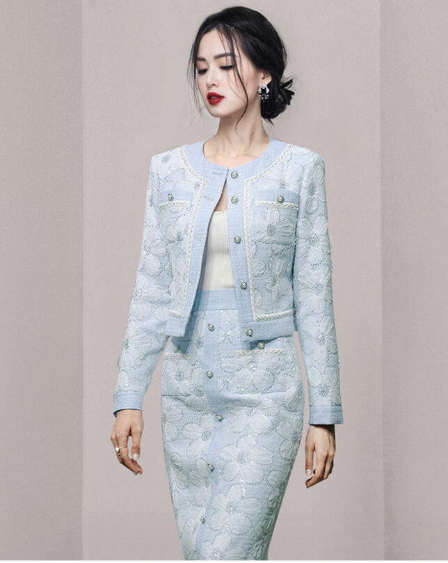 Elegant Women Single-Breasted Flowers Embroidery Slim Dress Set3 Elegant Women Single-breasted Flowers Embroidery Slim Dress Set 3