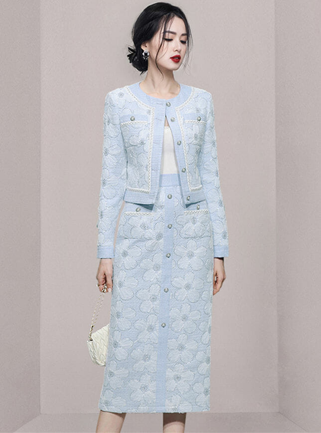 Elegant Women Single-Breasted Flowers Embroidery Slim Dress Set5 Elegant Women Single-breasted Flowers Embroidery Slim Dress Set 1