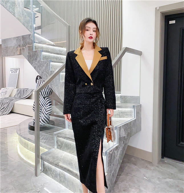 Fashion 2 Colors Tailored Collar Short Coat With Split Midi Skirt3 Fashion 2 Colors Tailored Collar Short Coat with Split Midi Skirt 4