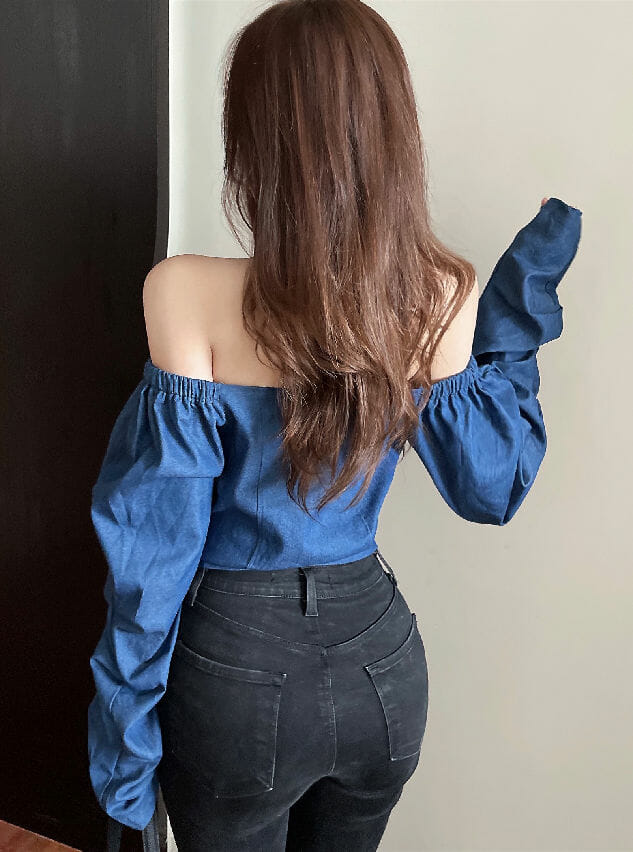 Fashion Boat Neck Puff Sleeve Denim Blouse Fashion Boat Neck Puff Sleeve Denim Blouse 5