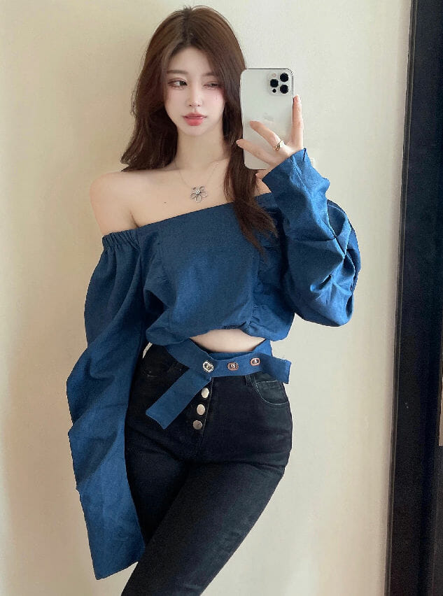 Fashion Boat Neck Puff Sleeve Denim Blouse3 Fashion Boat Neck Puff Sleeve Denim Blouse 3