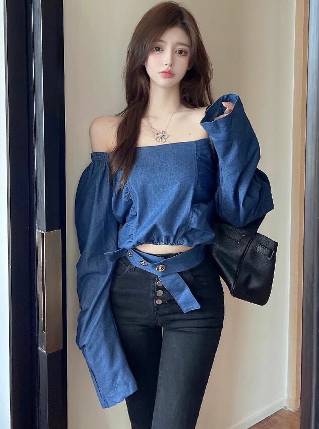 Fashion Boat Neck Puff Sleeve Denim Blouse5 Fashion Boat Neck Puff Sleeve Denim Blouse 1
