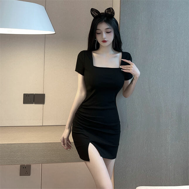 Fashion Boat Neck Short Sleeve Slim Cotton Dress3 Fashion Boat Neck Short Sleeve Slim Cotton Dress 3