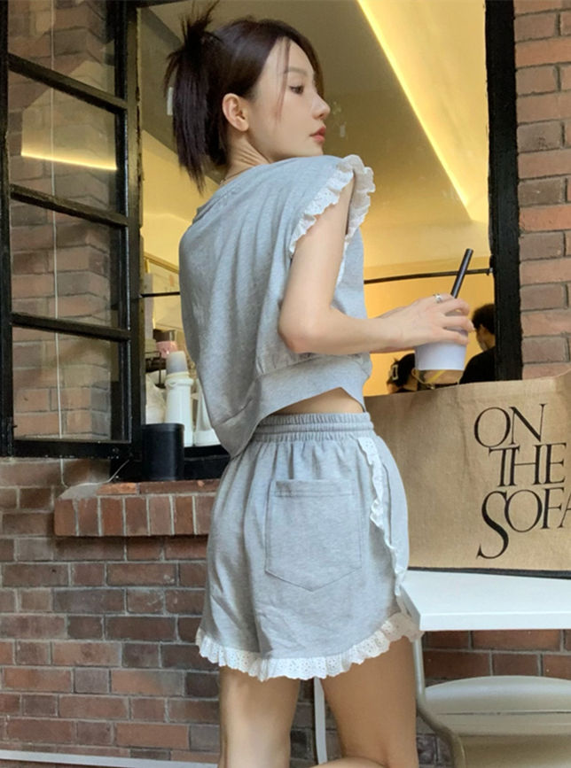 Fashion Korea 2 Colors Lace Splicing Tank Cotton Short Suits Fashion Korea 2 Colors Lace Splicing Tank Cotton Short Suits 6