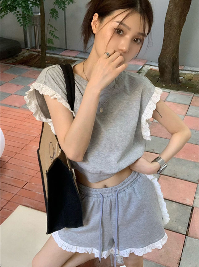 Fashion Korea 2 Colors Lace Splicing Tank Cotton Short Suits2 Fashion Korea 2 Colors Lace Splicing Tank Cotton Short Suits 1