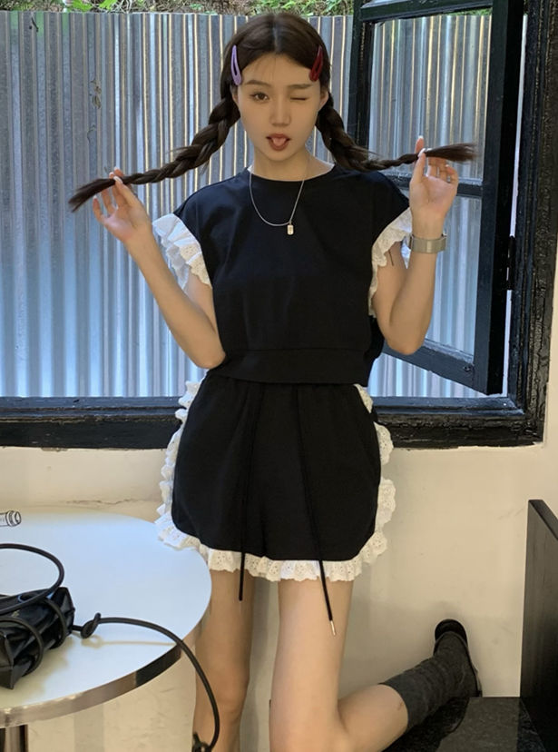 Fashion Korea 2 Colors Lace Splicing Tank Cotton Short Suits4 Fashion Korea 2 Colors Lace Splicing Tank Cotton Short Suits 4