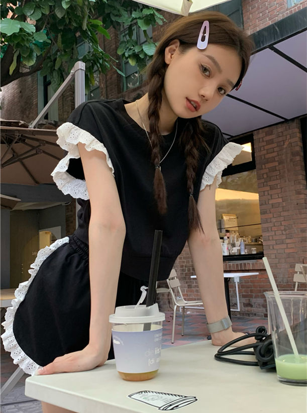 Fashion Korea 2 Colors Lace Splicing Tank Cotton Short Suits5 Fashion Korea 2 Colors Lace Splicing Tank Cotton Short Suits 3