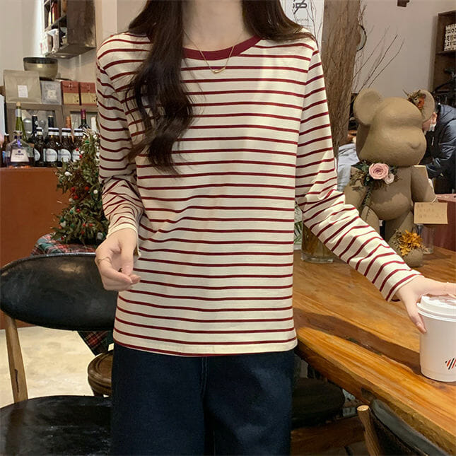Fashion Korea 3 Colors Stripes Long Sleeve Cotton T-Shirts3 Fashion Korea 3 Colors Stripes Long Sleeve Cotton T-shirts 4