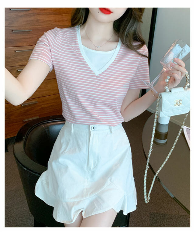 Fashion Korea Color Block Round Neck Strips T-Shirts Fashion Korea Color Block Round Neck Strips T-shirts 5