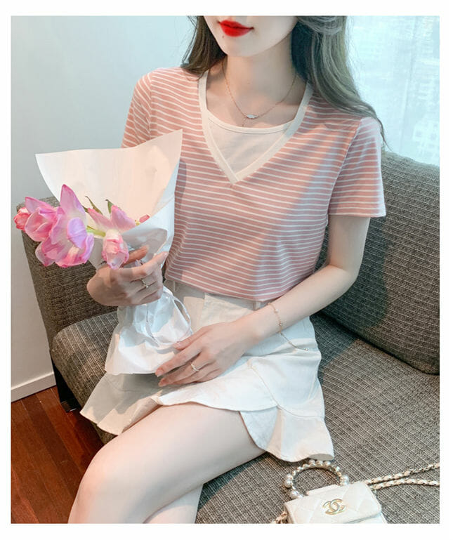 Fashion Korea Color Block Round Neck Strips T-Shirts2 Fashion Korea Color Block Round Neck Strips T-shirts 4
