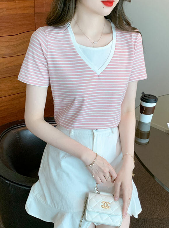 Fashion Korea Color Block Round Neck Strips T-Shirts5 Fashion Korea Color Block Round Neck Strips T-shirts 1