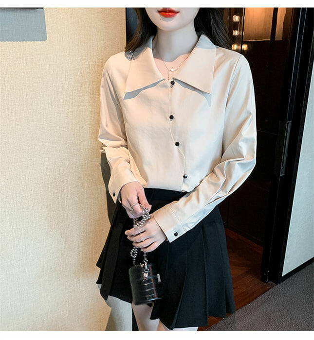 Fashion Korea Shirt Collar Sloping Buttons Long Sleeve Blouse Fashion Korea Shirt Collar Sloping Buttons Long Sleeve Blouse 5