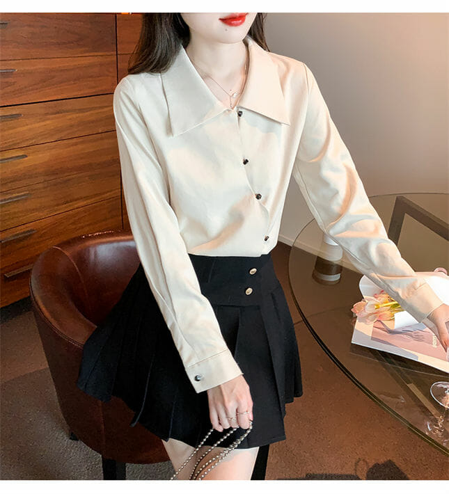 Fashion Korea Shirt Collar Sloping Buttons Long Sleeve Blouse2 Fashion Korea Shirt Collar Sloping Buttons Long Sleeve Blouse 4