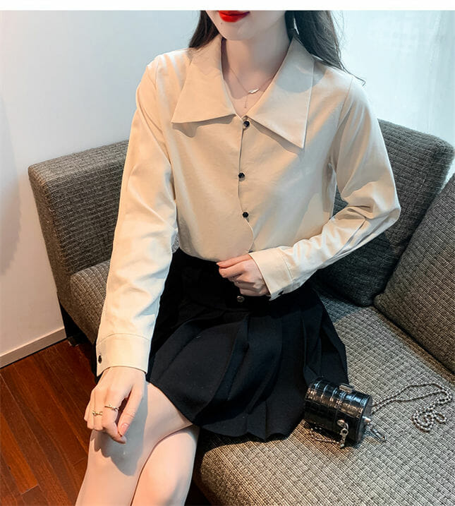 Fashion Korea Shirt Collar Sloping Buttons Long Sleeve Blouse3 Fashion Korea Shirt Collar Sloping Buttons Long Sleeve Blouse 3