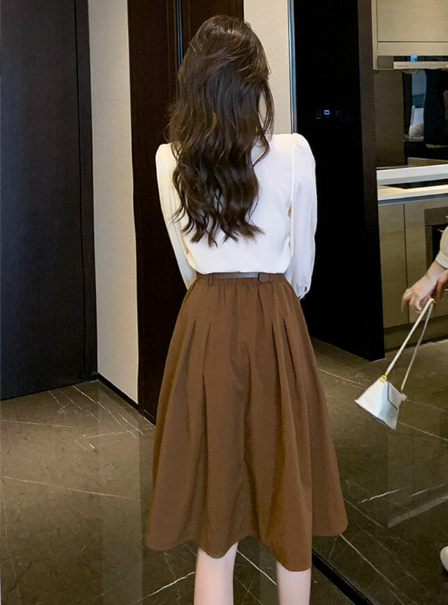 Fashion Korea Tie Collar Blouse With Single-Breasted A-Line Skirt Fashion Korea Tie Collar Blouse with Single-breasted A-line Skirt 6