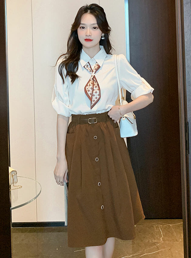 Fashion Korea Tie Collar Blouse With Single-Breasted A-Line Skirt2 Fashion Korea Tie Collar Blouse with Single-breasted A-line Skirt 5