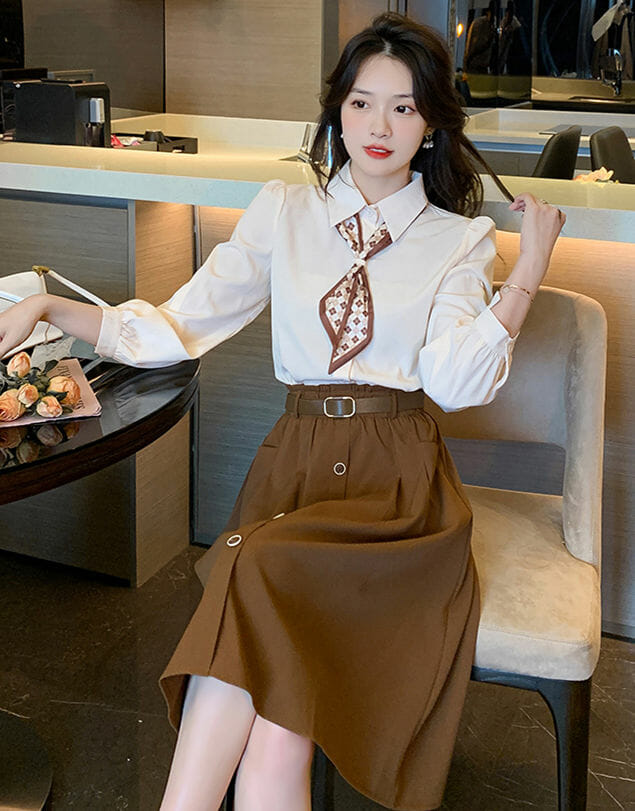 Fashion Korea Tie Collar Blouse With Single-Breasted A-Line Skirt4 Fashion Korea Tie Collar Blouse with Single-breasted A-line Skirt 3
