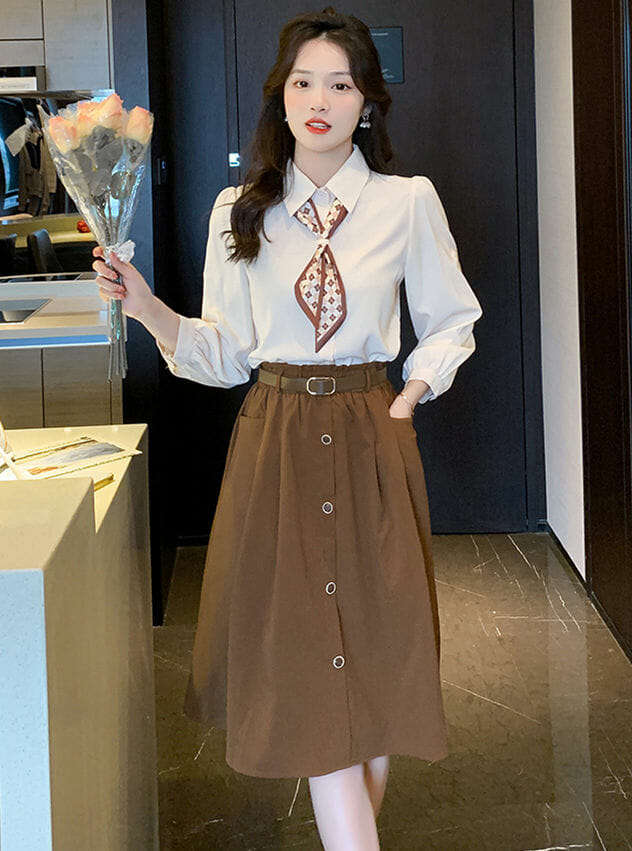 Fashion Korea Tie Collar Blouse With Single-Breasted A-Line Skirt6 Fashion Korea Tie Collar Blouse with Single-breasted A-line Skirt 1