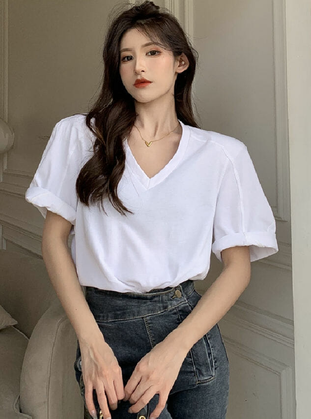 Fashion Lady 2 Colors V-Neck Oversize Cotton T-Shirts6 Fashion Lady 2 Colors V-neck Oversize Cotton T-shirts 1