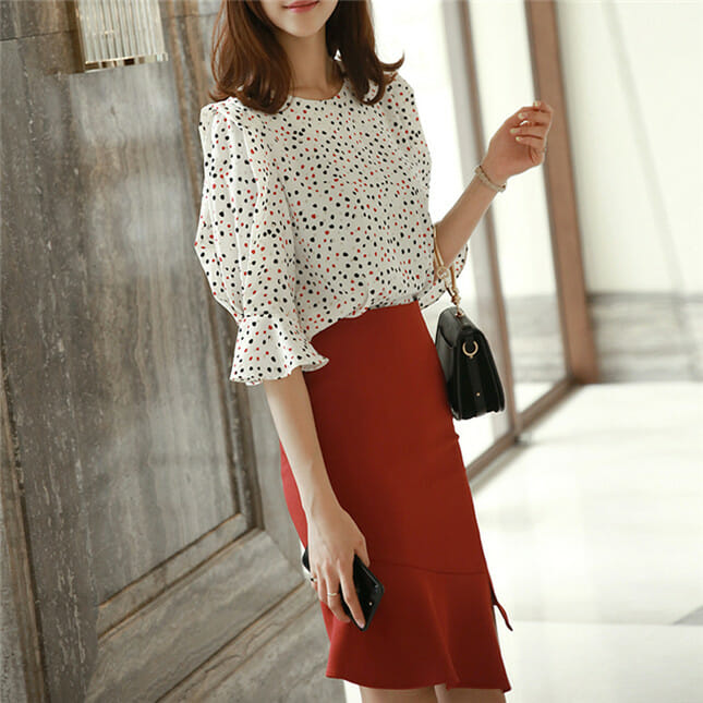 Fashion Lady Dots Loosen Blouse With Fishtail Midi Skirt3 Fashion Lady Dots Loosen Blouse with Fishtail Midi Skirt 4