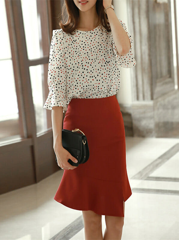 Fashion Lady Dots Loosen Blouse With Fishtail Midi Skirt6 Fashion Lady Dots Loosen Blouse with Fishtail Midi Skirt 1