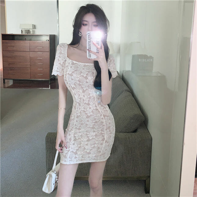 Fashion Lady Square Collar Lace Flowers Short Sleeve Dress Fashion Lady Square Collar Lace Flowers Short Sleeve Dress 5