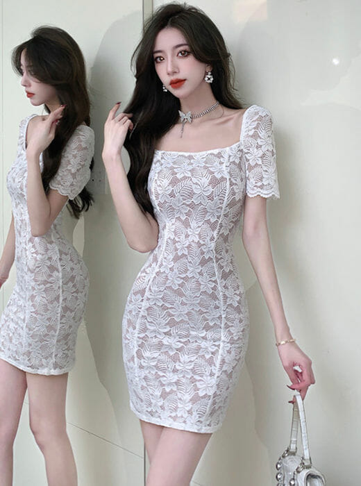 Fashion Lady Square Collar Lace Flowers Short Sleeve Dress5 Fashion Lady Square Collar Lace Flowers Short Sleeve Dress 1