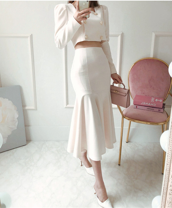 Fashion Ol Double-Breasted Square Collar Fishtail Dress Set1 Fashion OL Double-breasted Square Collar Fishtail Dress Set 4