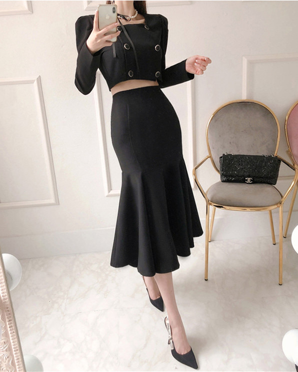 Fashion Ol Double-Breasted Square Collar Fishtail Dress Set5 Fashion OL Double-breasted Square Collar Fishtail Dress Set 1