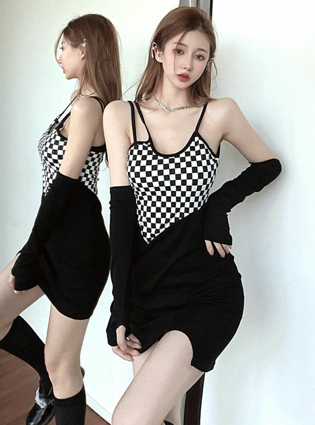 Fashion Sexy Plaids Splicing Straps Skinny Knitting Dress2 Fashion Sexy Plaids Splicing Straps Skinny Knitting Dress 4