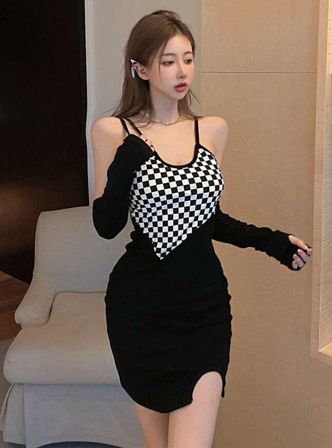 Fashion Sexy Plaids Splicing Straps Skinny Knitting Dress3 Fashion Sexy Plaids Splicing Straps Skinny Knitting Dress 3