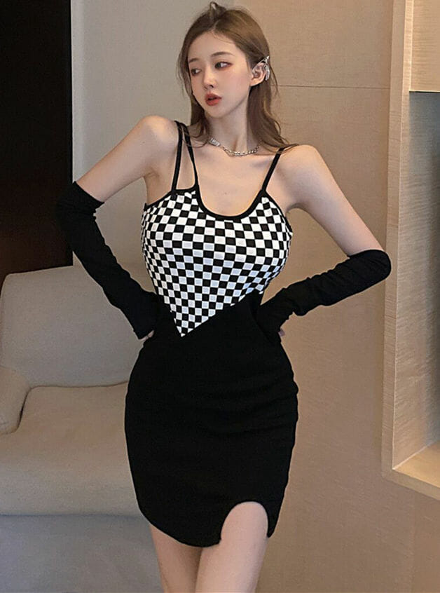 Fashion Sexy Plaids Splicing Straps Skinny Knitting Dress5 Fashion Sexy Plaids Splicing Straps Skinny Knitting Dress 1