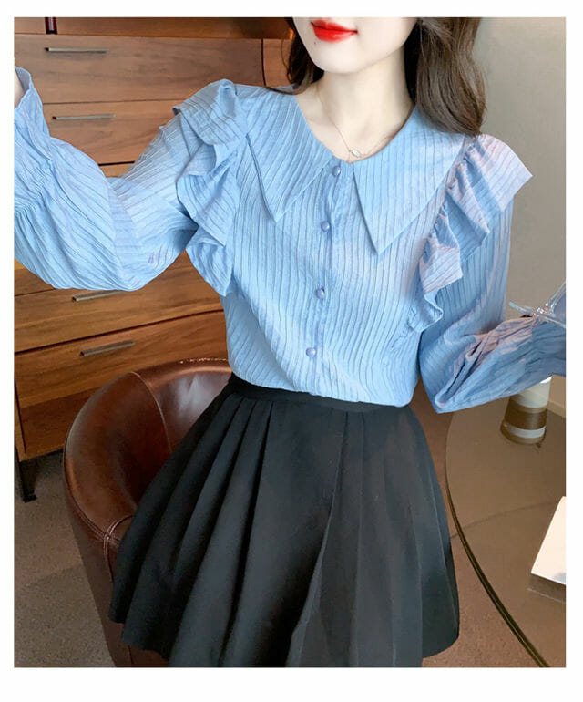 Fashion Spring Doll Collar Flouncing Stripes Blouse2 Fashion Spring Doll Collar Flouncing Stripes Blouse 4
