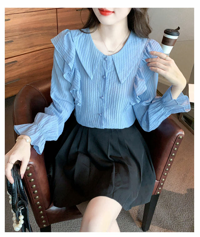 Fashion Spring Doll Collar Flouncing Stripes Blouse3 Fashion Spring Doll Collar Flouncing Stripes Blouse 3