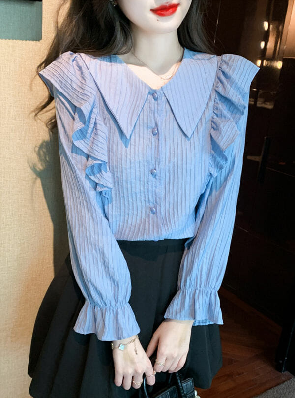 Fashion Spring Doll Collar Flouncing Stripes Blouse5 Fashion Spring Doll Collar Flouncing Stripes Blouse 1