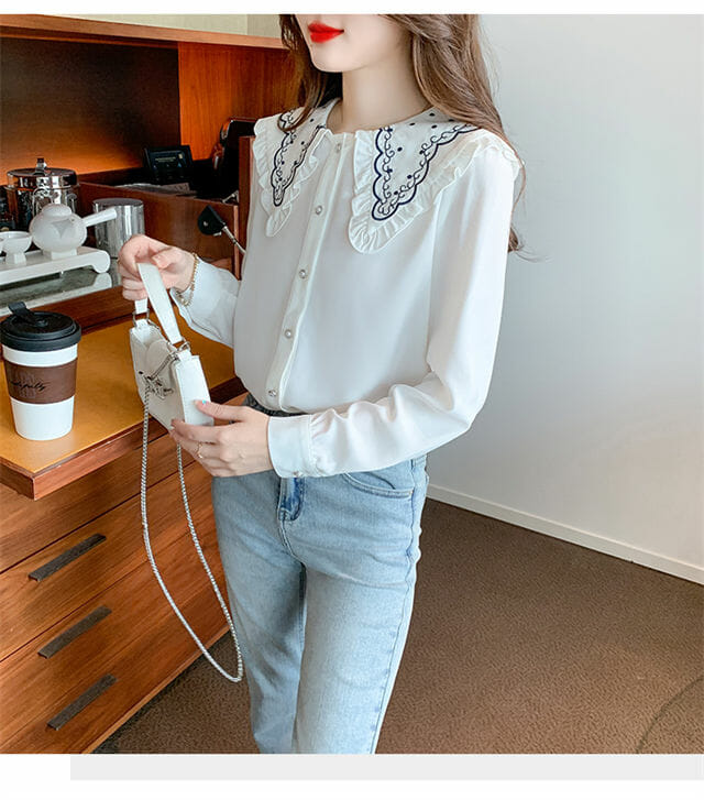 Fashion Spring Embroidery Doll Collar Puff Sleeve Blouse2 Fashion Spring Embroidery Doll Collar Puff Sleeve Blouse 4