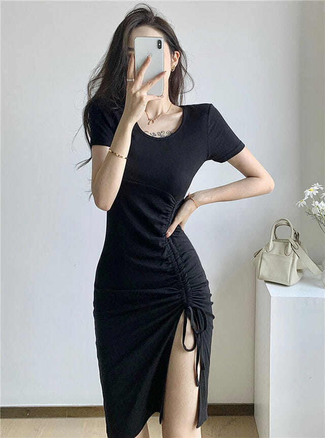 Fashion Summer Round Neck Split Draw-String Slim Dress5 Fashion Summer Round Neck Split Draw-string Slim Dress 1