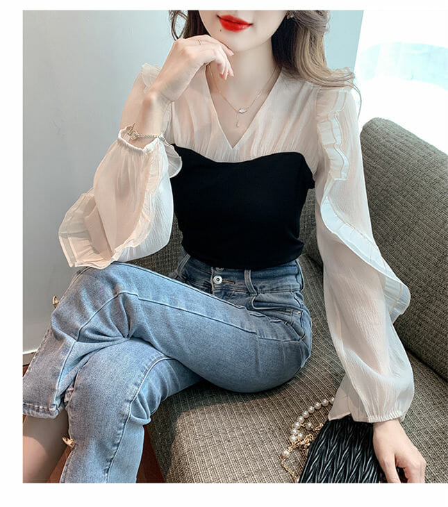 Fashion V-Neck Flouncing Sleeve Splicing Blouse2 Fashion V-neck Flouncing Sleeve Splicing Blouse 4