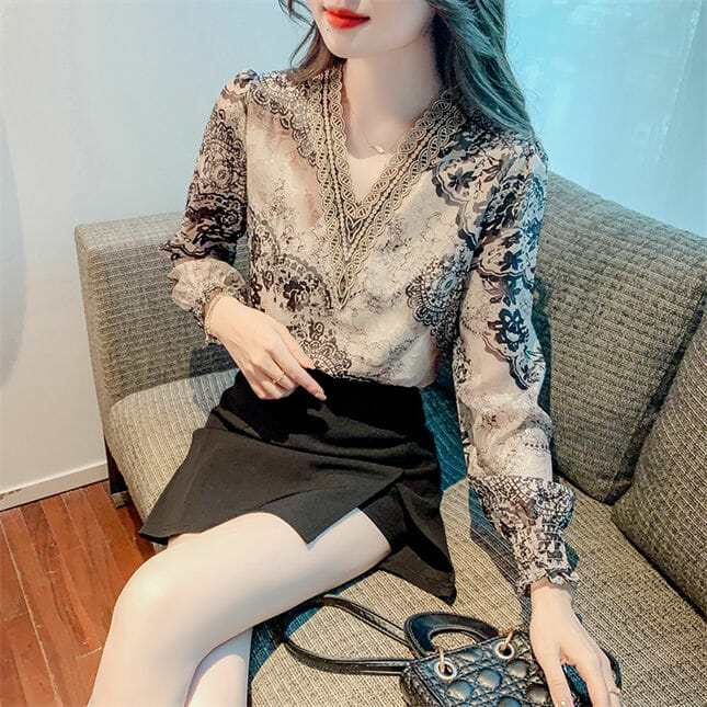 Fashion Vintage Lace Embroidery V-Neck Flowers Chiffon Blouse Fashion Vintage Lace Embroidery V-neck Flowers Chiffon Blouse 5