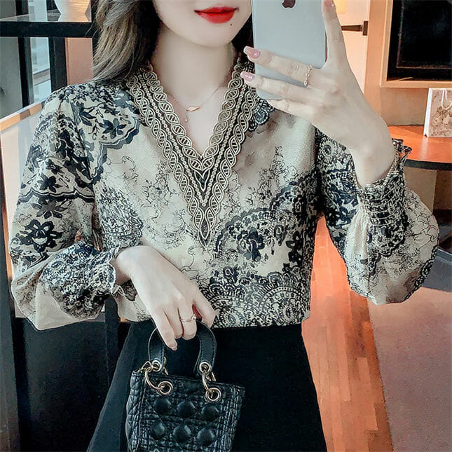 Fashion Vintage Lace Embroidery V-Neck Flowers Chiffon Blouse3 Fashion Vintage Lace Embroidery V-neck Flowers Chiffon Blouse 3
