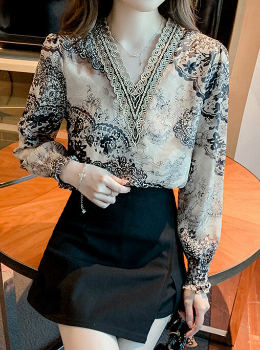 Fashion Vintage Lace Embroidery V-Neck Flowers Chiffon Blouse5 Fashion Vintage Lace Embroidery V-neck Flowers Chiffon Blouse 1