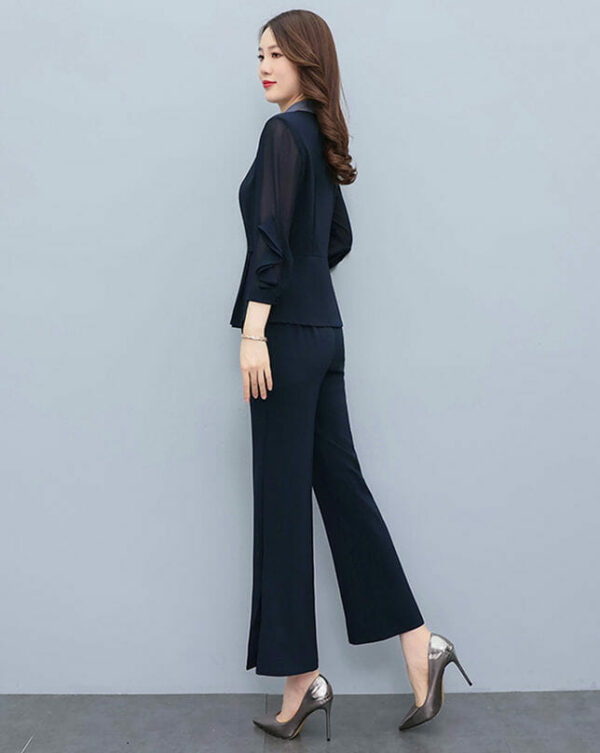Fashion Women 2 Colors Shirt Collar Pleated Tops with Long Pants 6