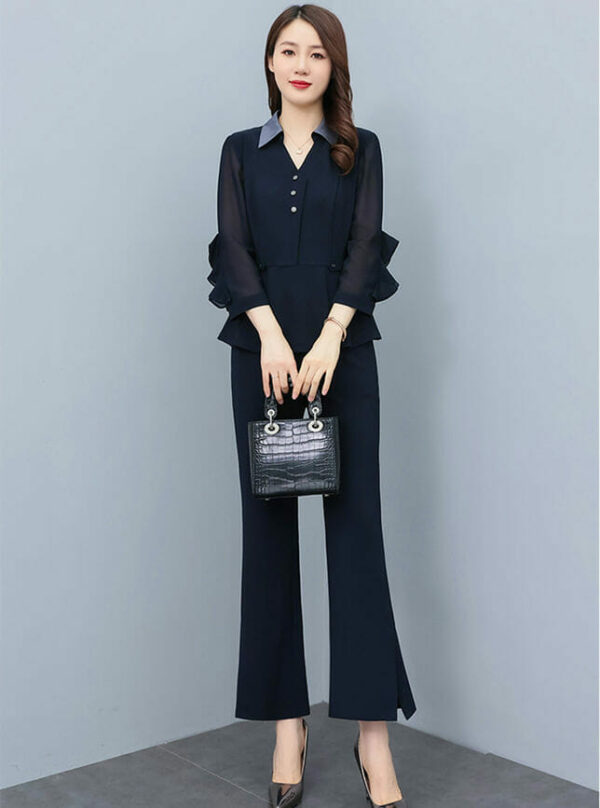 Fashion Women 2 Colors Shirt Collar Pleated Tops with Long Pants 5