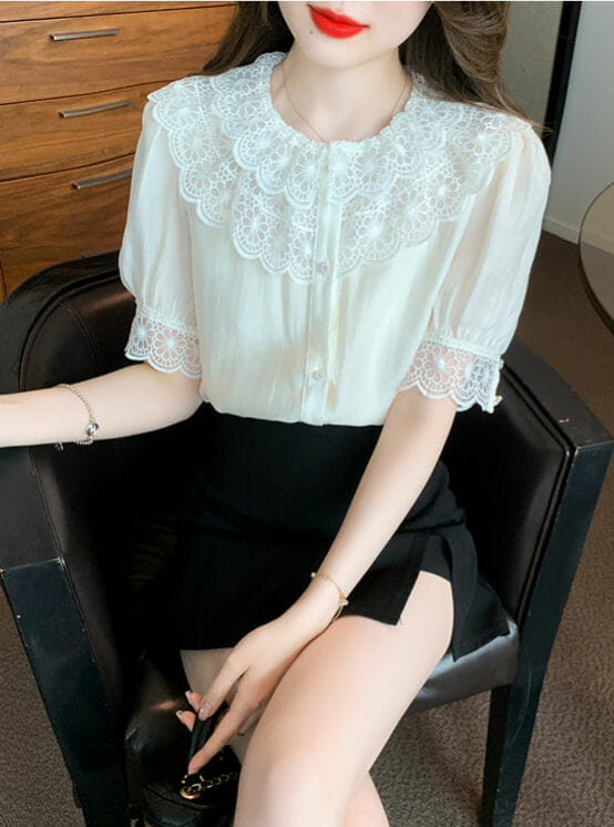 Fashion Women Lace Flowers Doll Collar Puff Sleeve Blouse Fashion Women Lace Flowers Doll Collar Puff Sleeve Blouse 5