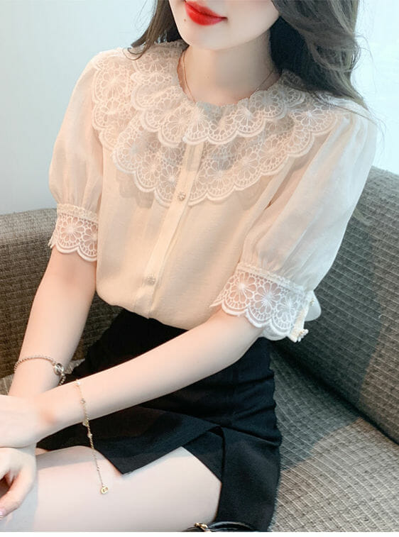 Fashion Women Lace Flowers Doll Collar Puff Sleeve Blouse2 Fashion Women Lace Flowers Doll Collar Puff Sleeve Blouse 4