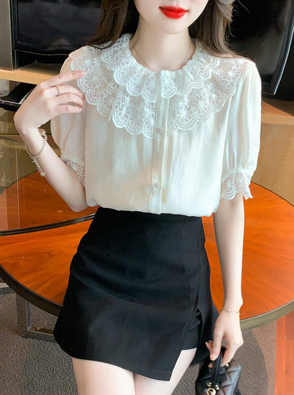 Fashion Women Lace Flowers Doll Collar Puff Sleeve Blouse3 Fashion Women Lace Flowers Doll Collar Puff Sleeve Blouse 3