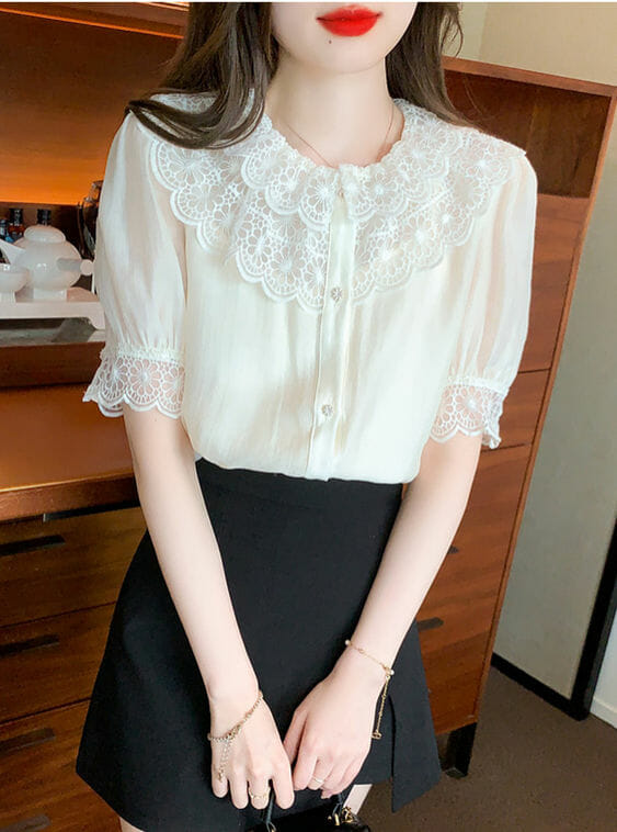Fashion Women Lace Flowers Doll Collar Puff Sleeve Blouse5 Fashion Women Lace Flowers Doll Collar Puff Sleeve Blouse 1