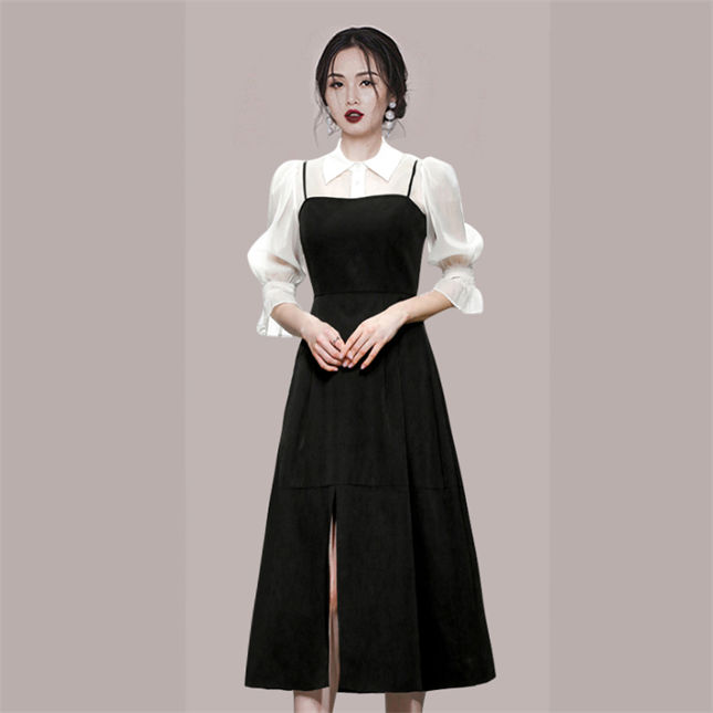 Fashion Women Puff Sleeve Blouse With Straps A-Line Dress4 Fashion Women Puff Sleeve Blouse with Straps A-line Dress 3