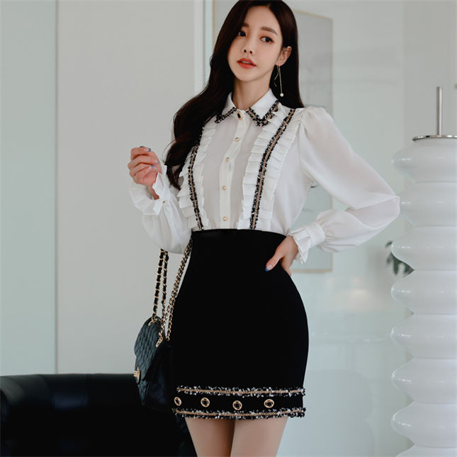 Fashion Women Puff Sleeve Tassels Blouse With Slim Short Skirt5 Fashion Women Puff Sleeve Tassels Blouse with Slim Short Skirt 3