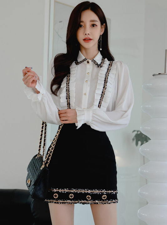 Fashion Women Puff Sleeve Tassels Blouse With Slim Short Skirt7 Fashion Women Puff Sleeve Tassels Blouse with Slim Short Skirt 1